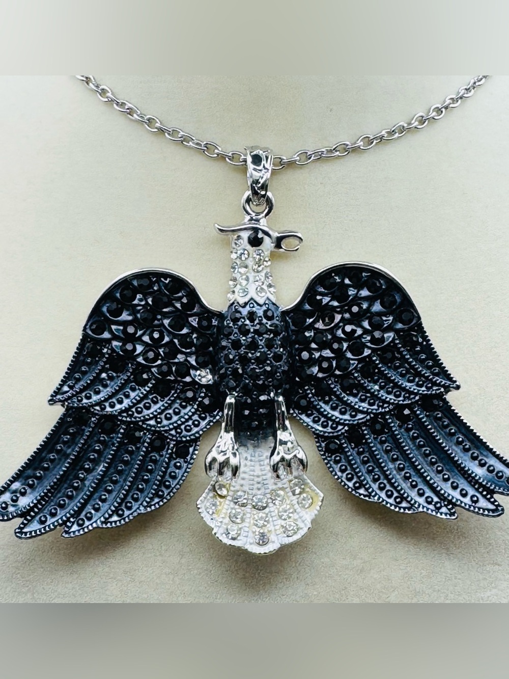 Eagle Pendant Necklace - Silver Tone with Navy Blue Crystal Wings